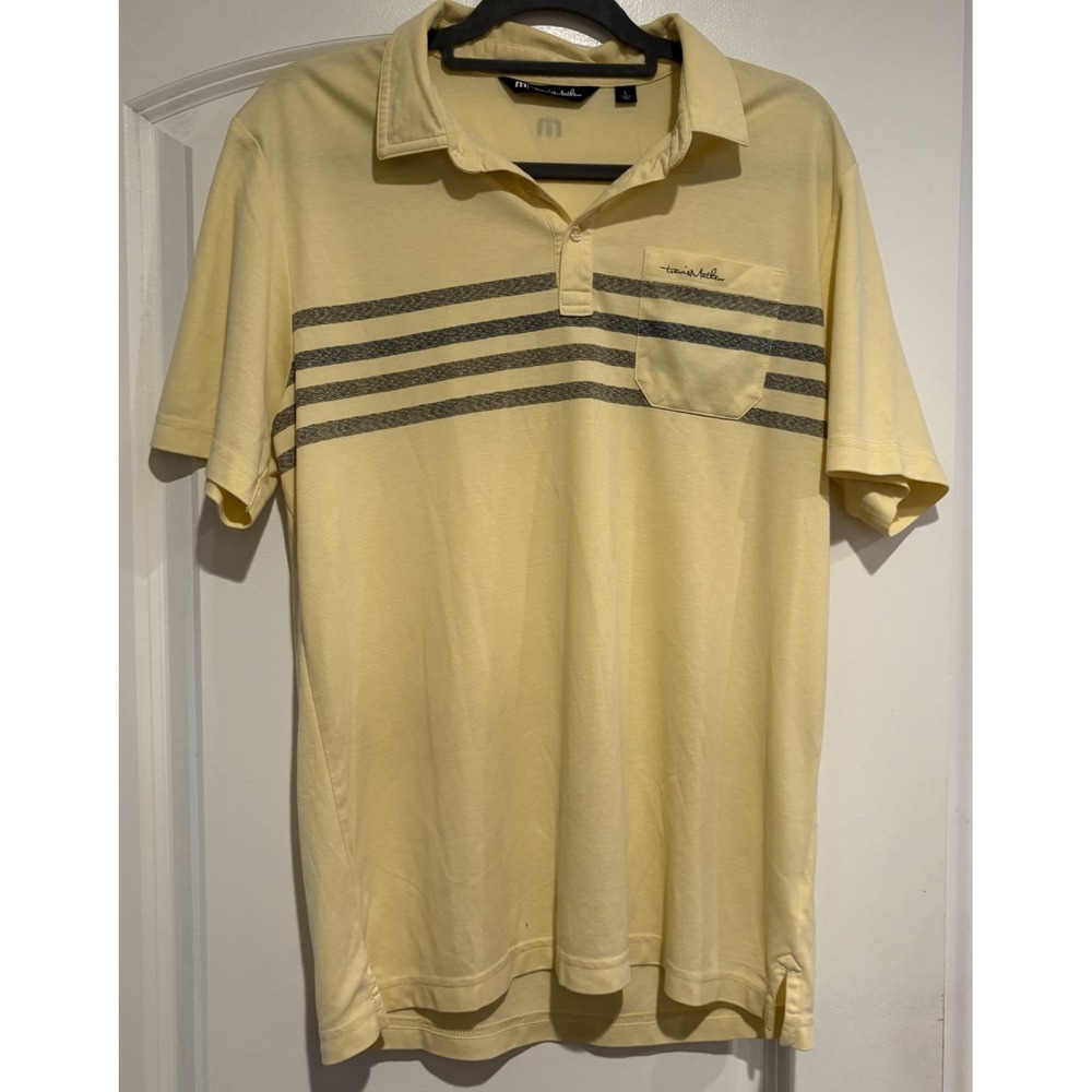 Travis Mathew Mens Polo Shirt Yellow Golf Gray Stripes Large Made in Peru